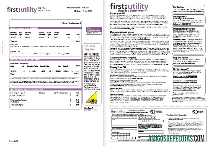 Primeira conta de serviços públicos de gás e eletricidade do Reino Unido em formatos Word e PDF, 6 páginas. modelo